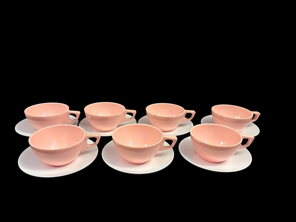 Sun Valley Melmac Set of 7 Pink & White Cup & Saucers Cottagecore Midcentury 50s
